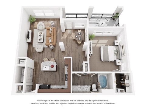 Floor plan for 1 bed, 1 bath, 967 sqft